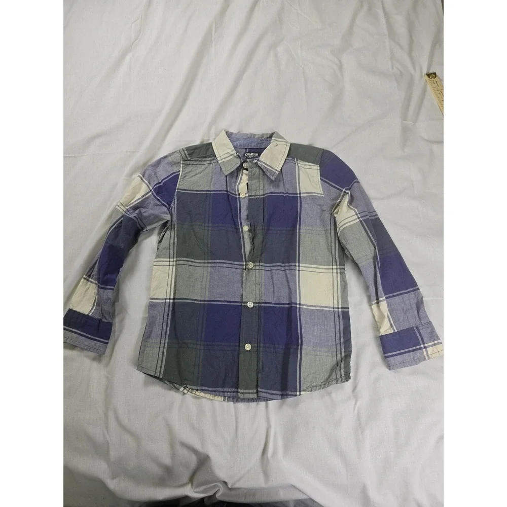 OshKosh‎ B'gosh Shirt Boys 8 Blue Gray Plaid Button Front Long Sleeve Casual
